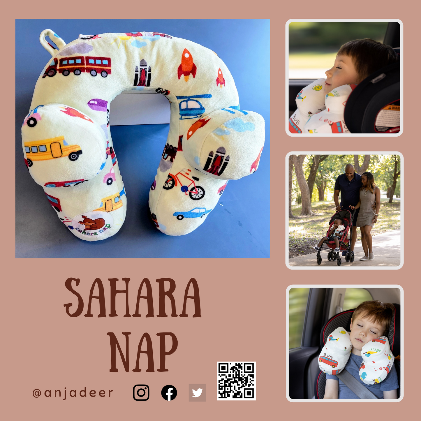 Sahara Nap Travel Neck Pillow (Cute Cars, Bus, Helicopter, Vehicles Print)